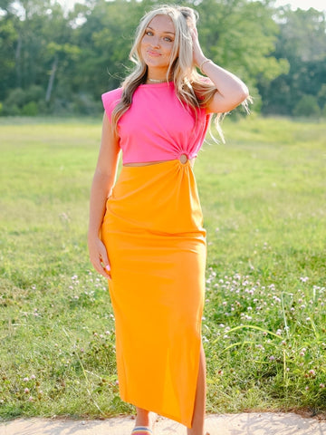 pink and orange colorblock cut out round neck side slit fitted midi dress